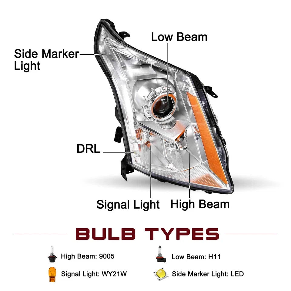 Halogen Headlight for Cadillac SRX (2010–2016) w/Bulb Chrome Right Side