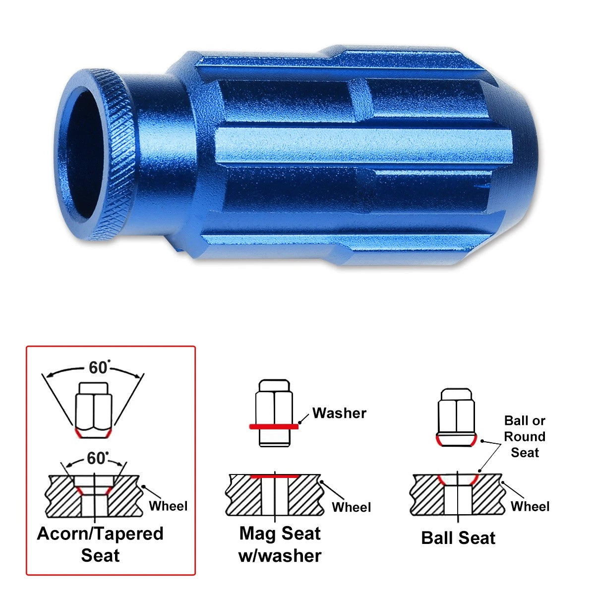 20Pc M12X1.25 Blue JDM Open End Bulge Spline Wheel Lug Nuts + Lock Key