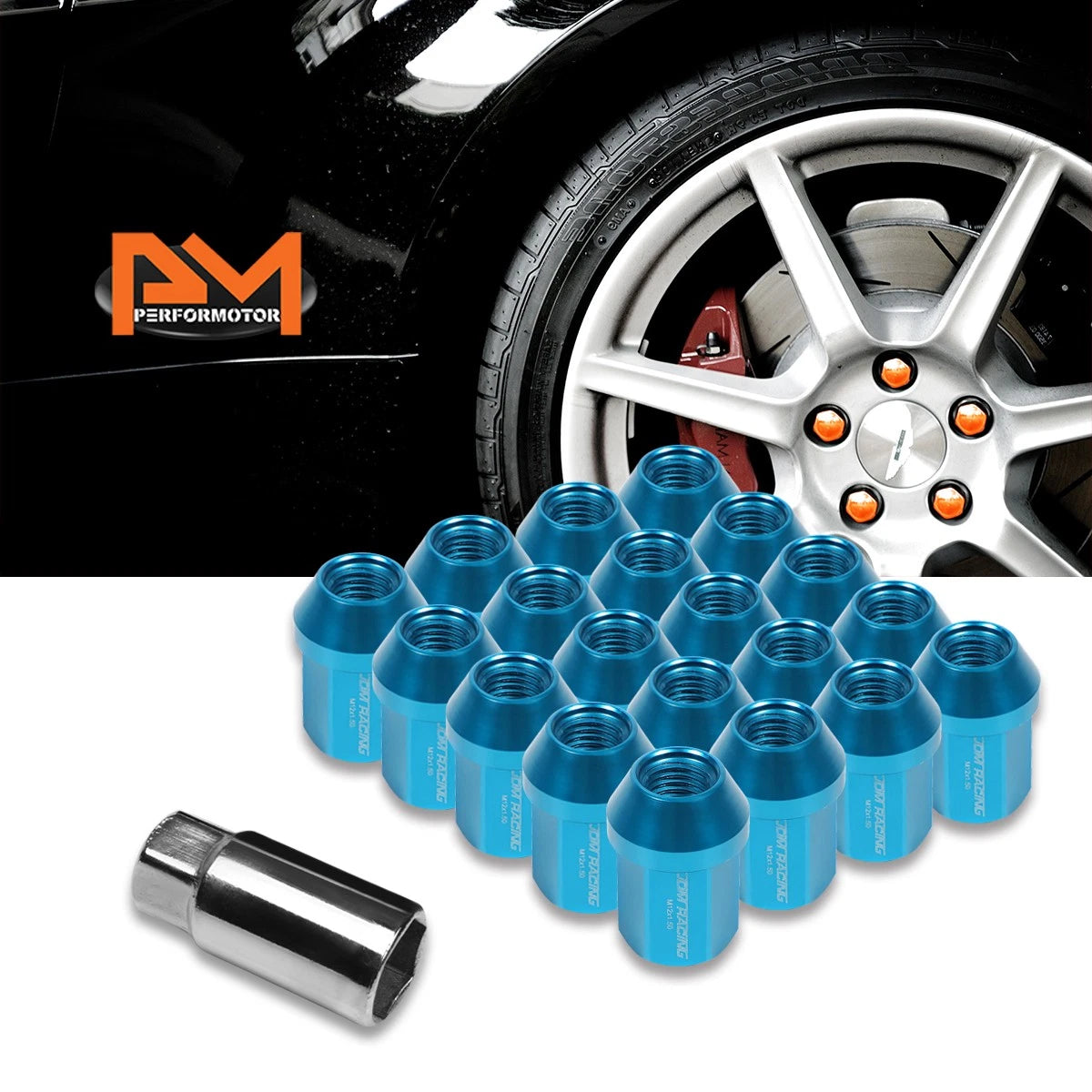 20Pc M12X1.5 Sky Blue JDM Closed End Acorn Wheel Lug Nuts + Extension 25mmx35mm