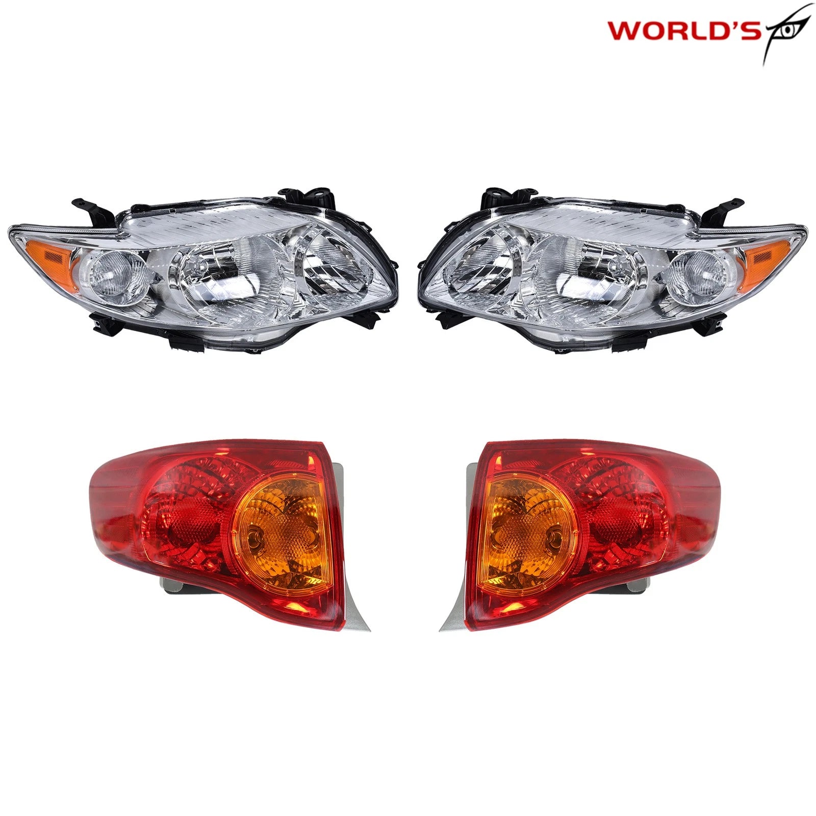 Pair of Halogen Chrome Headlights & Red Outer Tail Lights for Toyota Corolla (2009–2010)