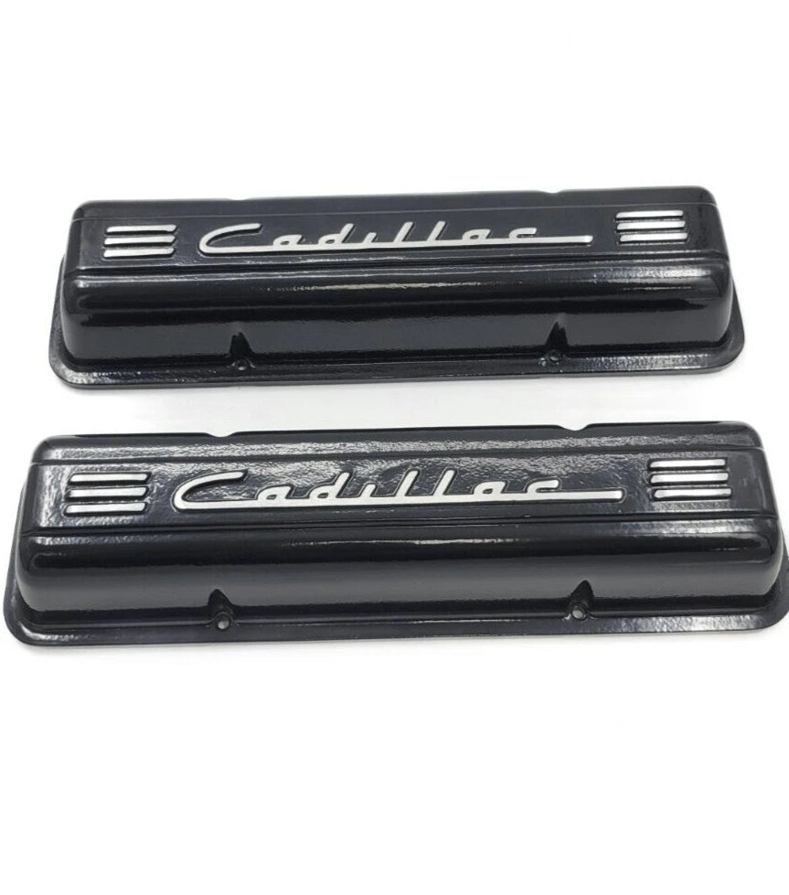 Black Aluminum Cadillac Script Valve Covers for Small Block Chevy (1957–1969)