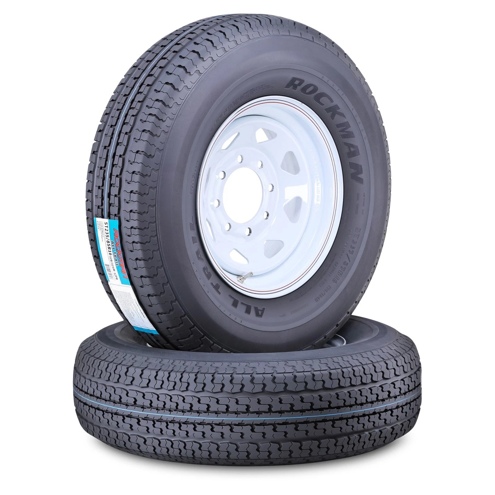 2X ST235/85R16 12-Ply Trailer Tires & 8x6.5 White Spoke Rims for Trailer
