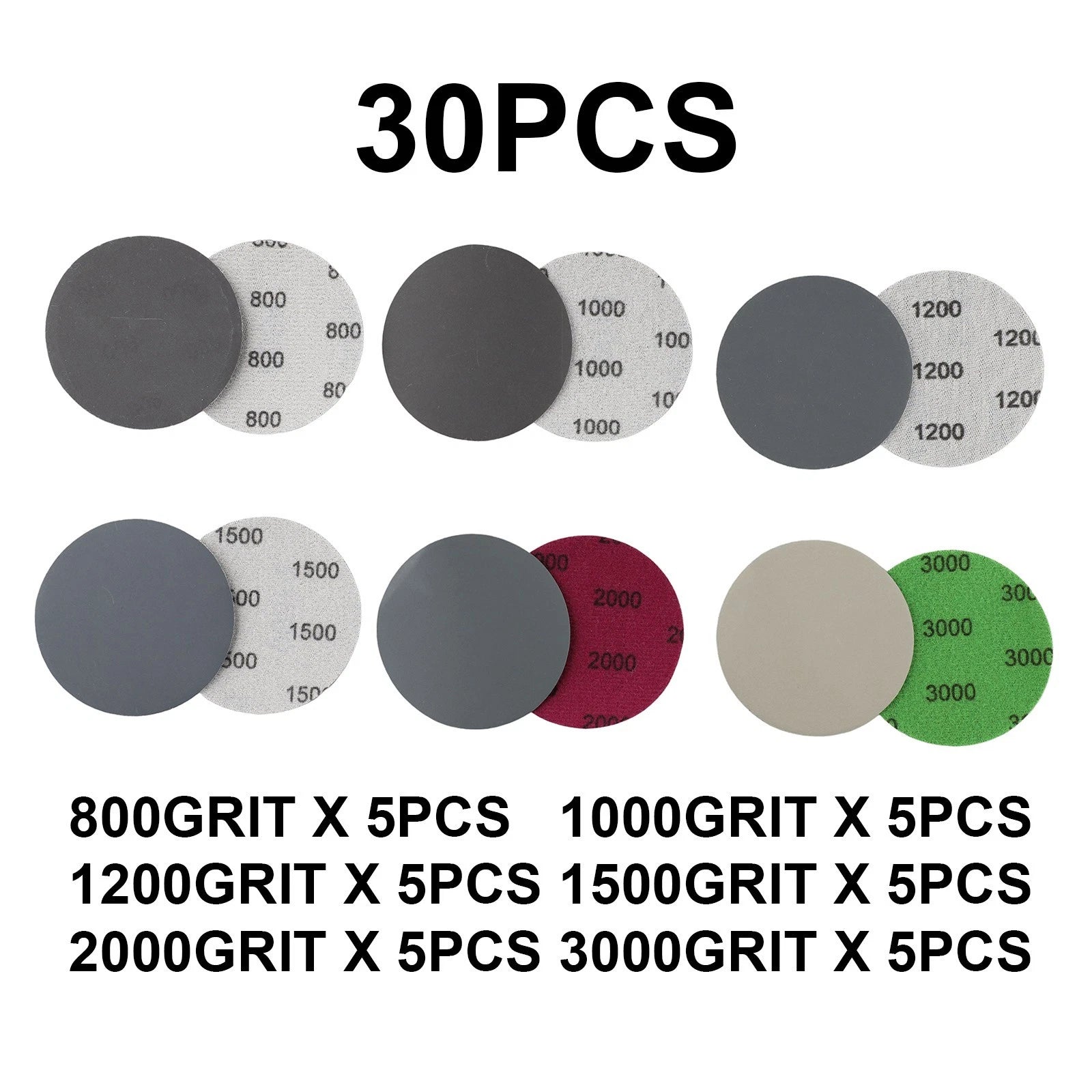30pcs 3" Hook & Loop Wet/Dry Sanding Discs 800 1000 1200 1500 2000 Grit