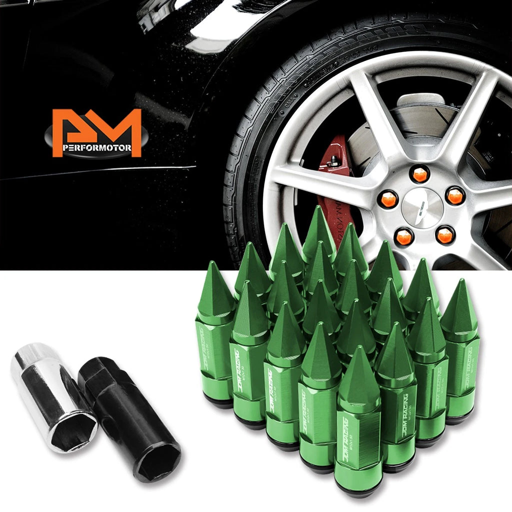 Set of 20 M12X1.5 Green JDM Cone Spiked Cap Wheel Lug Nuts + Extension 23mmx83mm