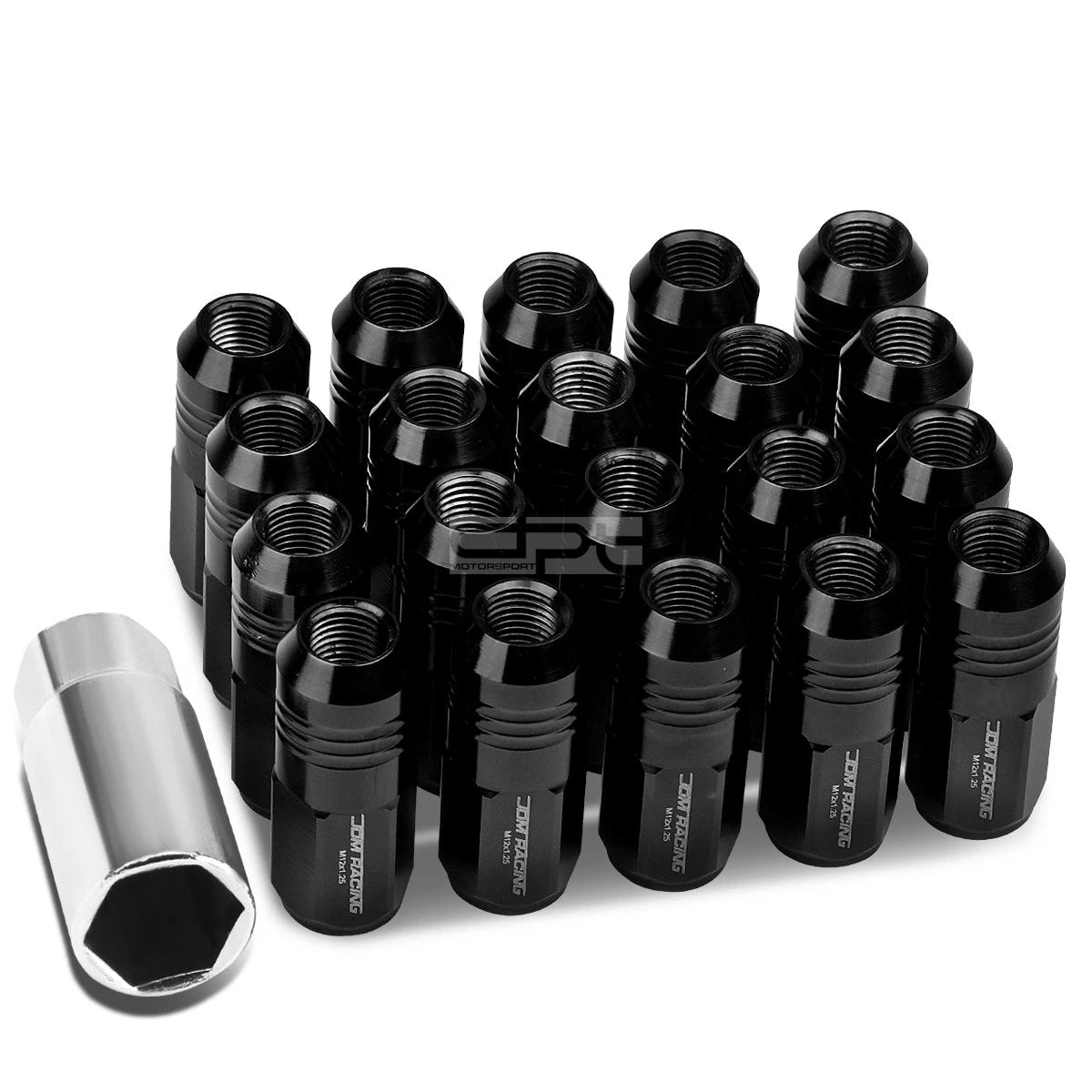 20 PCS Closed End M12x1.25 50mm Tall Black Aluminum Lug Nuts + Adapter