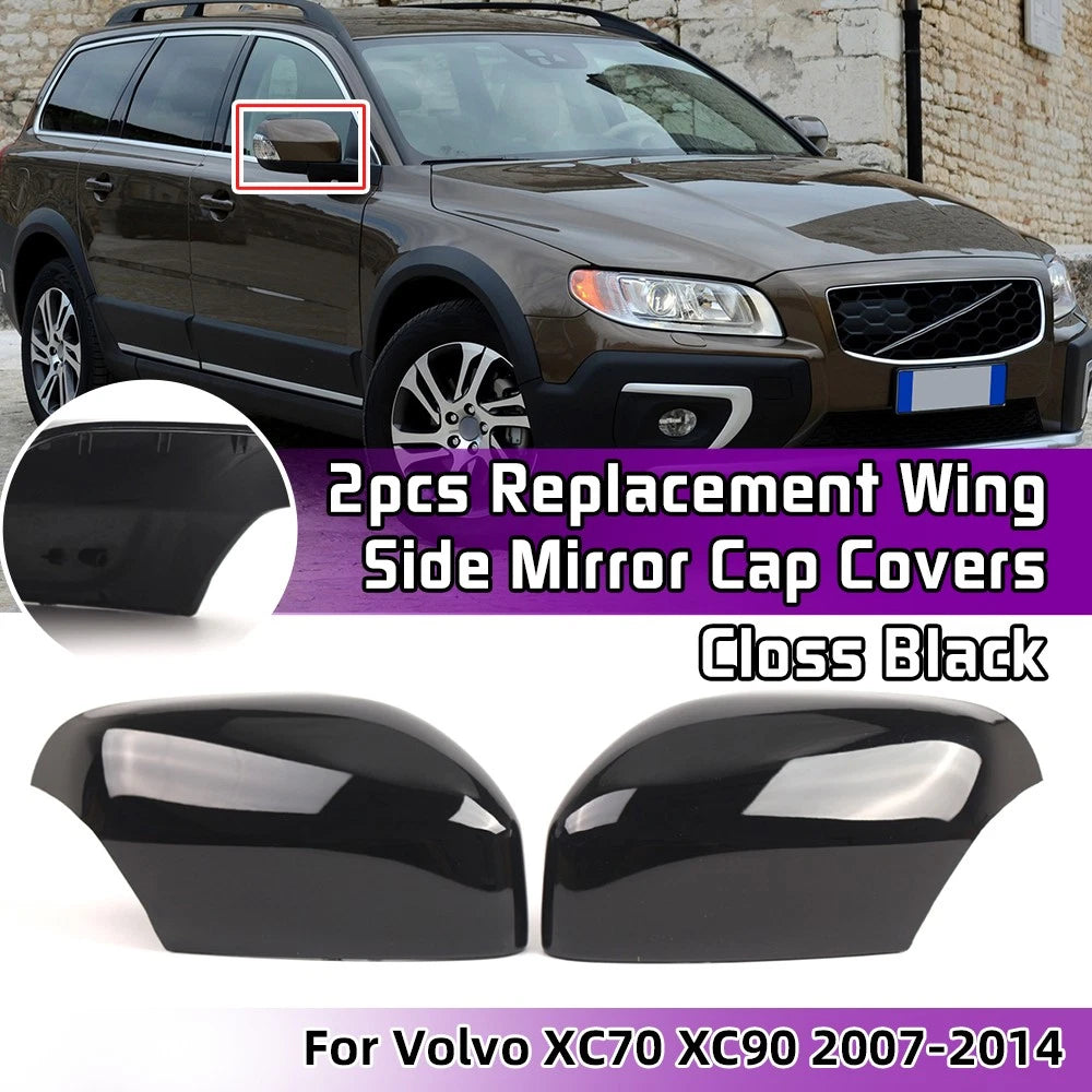 Pair Rear Mirror Cover Caps for Volvo XC70 XC90 (2007–2014) Gloss Black
