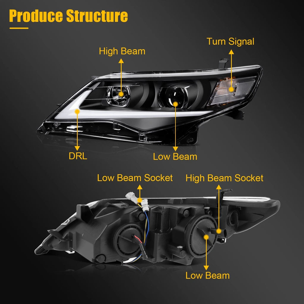 Pair Headlight Assembly for Toyota Camry (2012–2014) with LED DRL Black