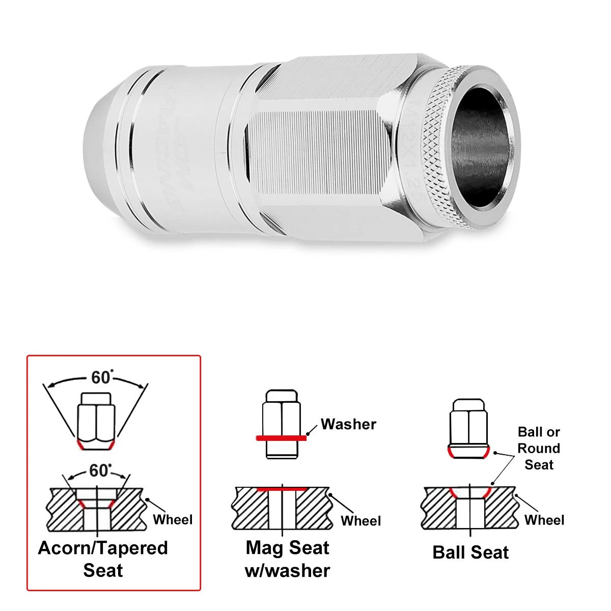 Set of 20 M12X1.25 Silver JDM Open End Cone Wheel Lug Nuts + Spline Lock Key