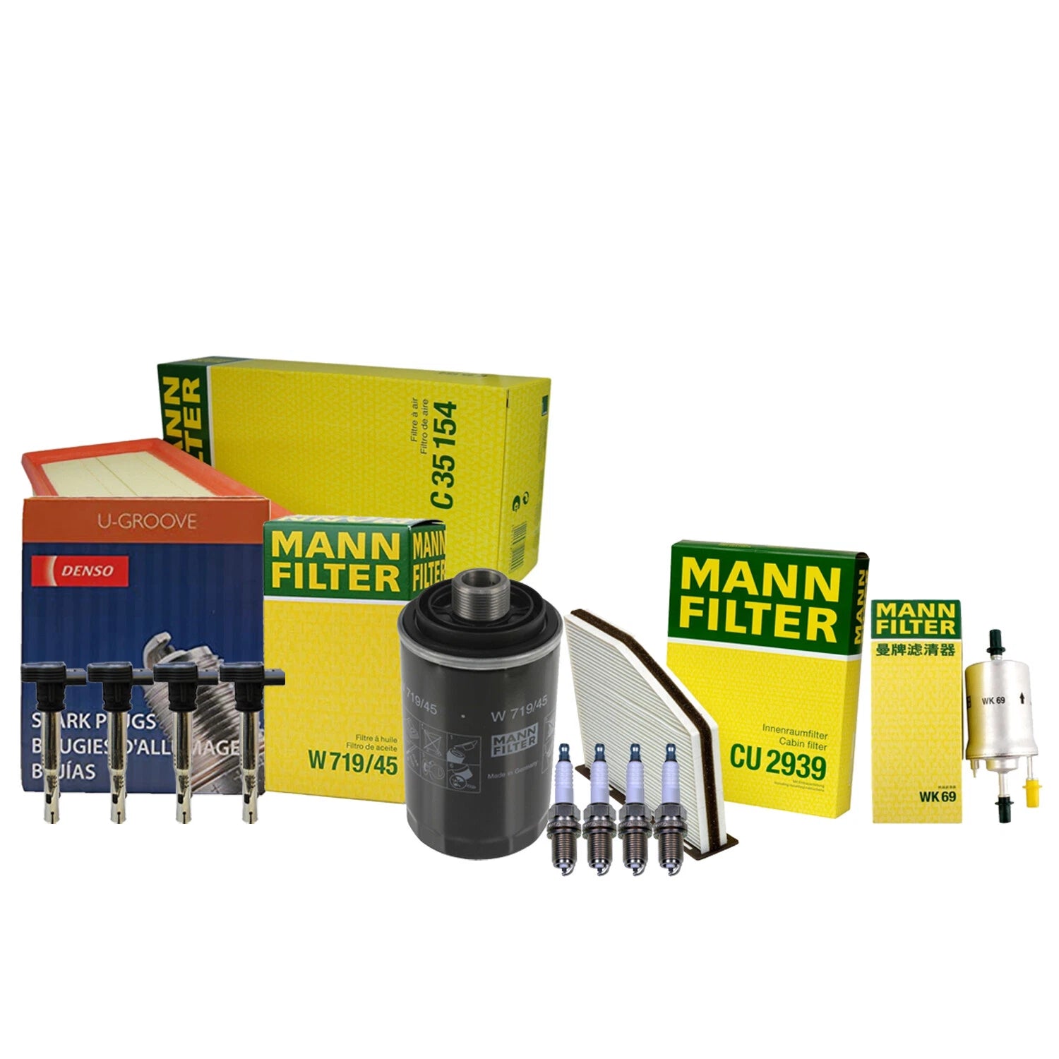 Set of 4 Mann Filters & 4 Denso U-Groove Spark Plugs for Audi VW 2.0
