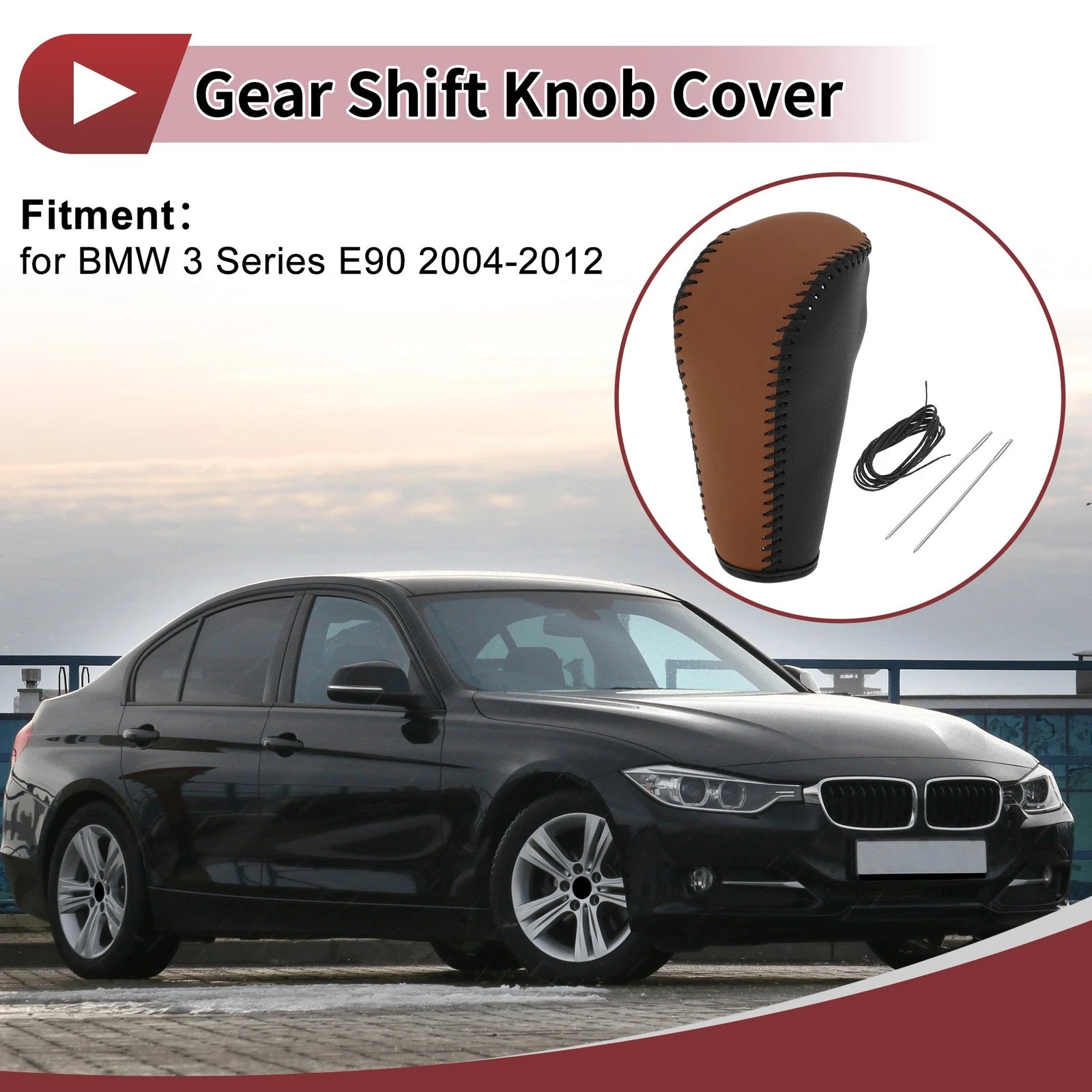 Gear Shift Knob Cover for BMW 3 Series E90 (2004–2012) Black Brown Faux Leather