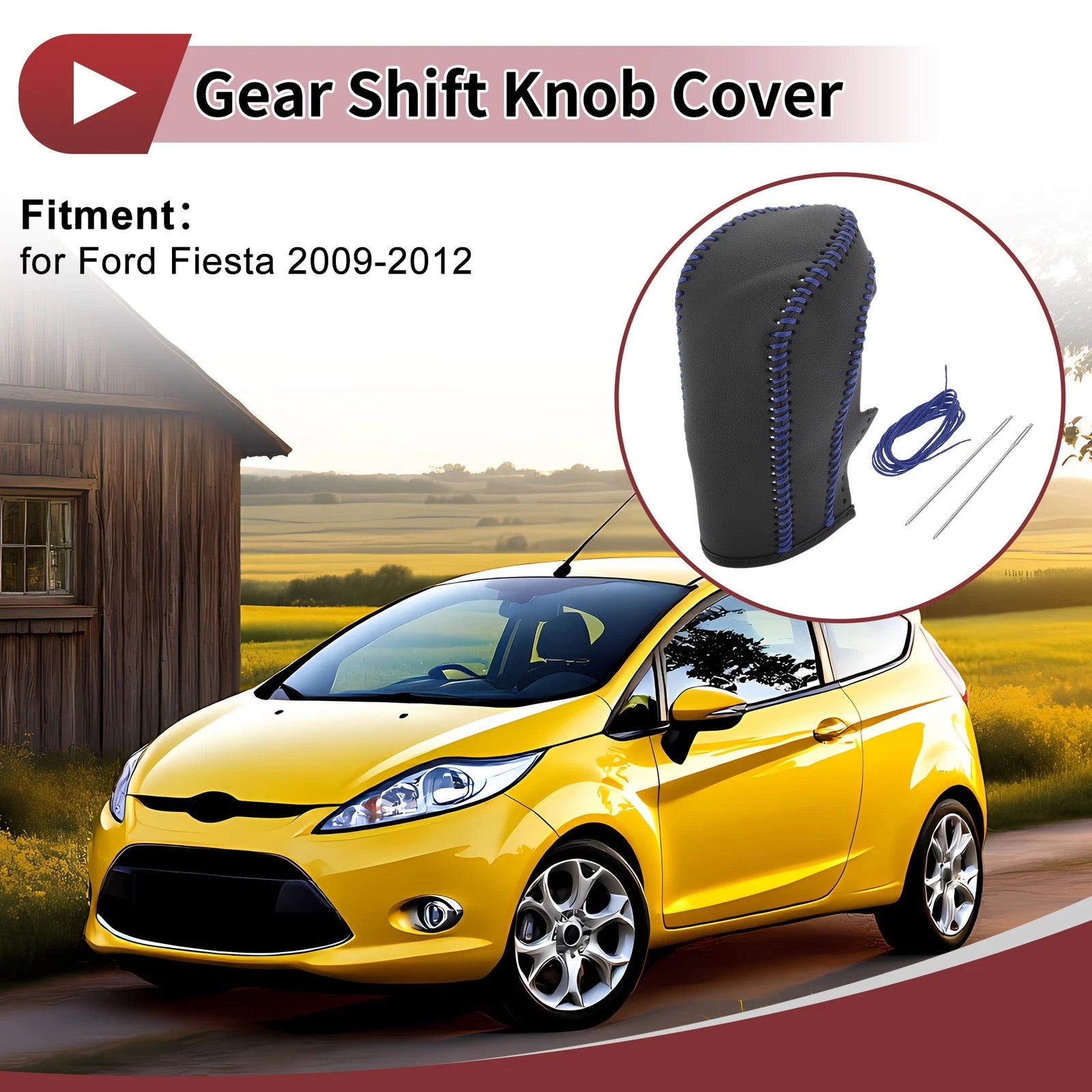 Gear Shift Knob Cover for Ford Fiesta (2009–2012) Black Blue Faux Leather