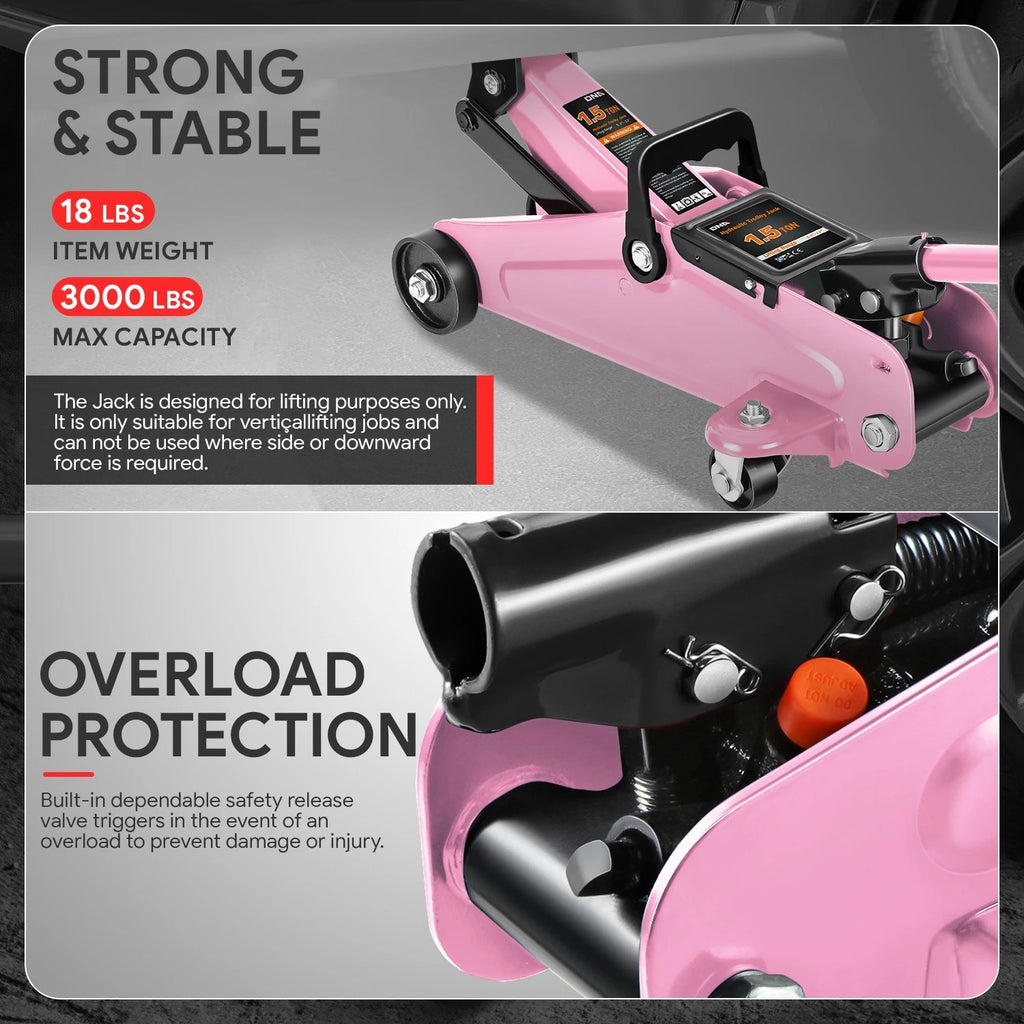 1.5 Ton Hydraulic Floor Jack for 3000lbs Capacity (5.3-12 in)