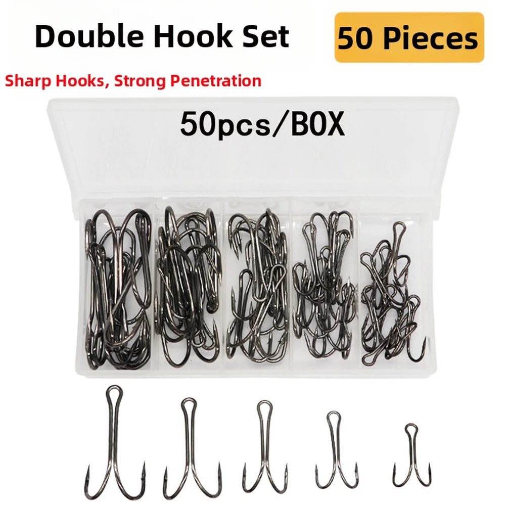 50pcs Double Hooks for Fishing (High Carbon Steel)