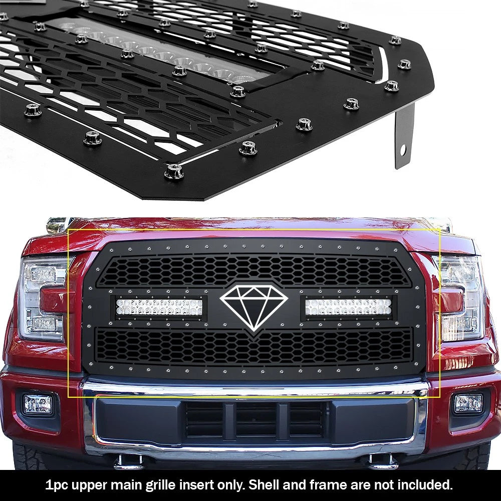 LED Grille for Ford F-150 (2015-2017) Black Stainless Mesh Rivets
