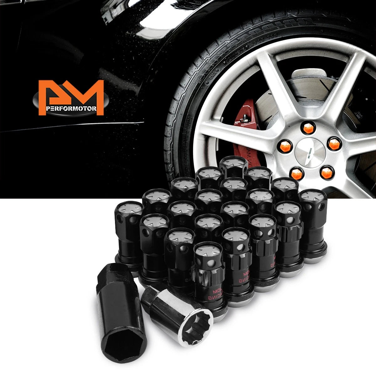 Set of 20 M12X1.5 Gunmetal JDM Closed End Lug Nuts with Spline Lock and Key