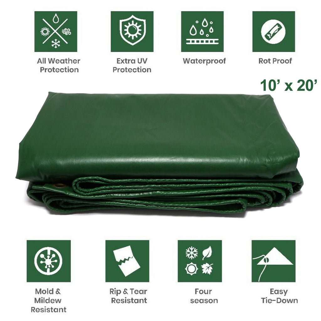 10'x20' Heavy Duty Green PVC Waterproof Tarp Cover for Patio Shelter