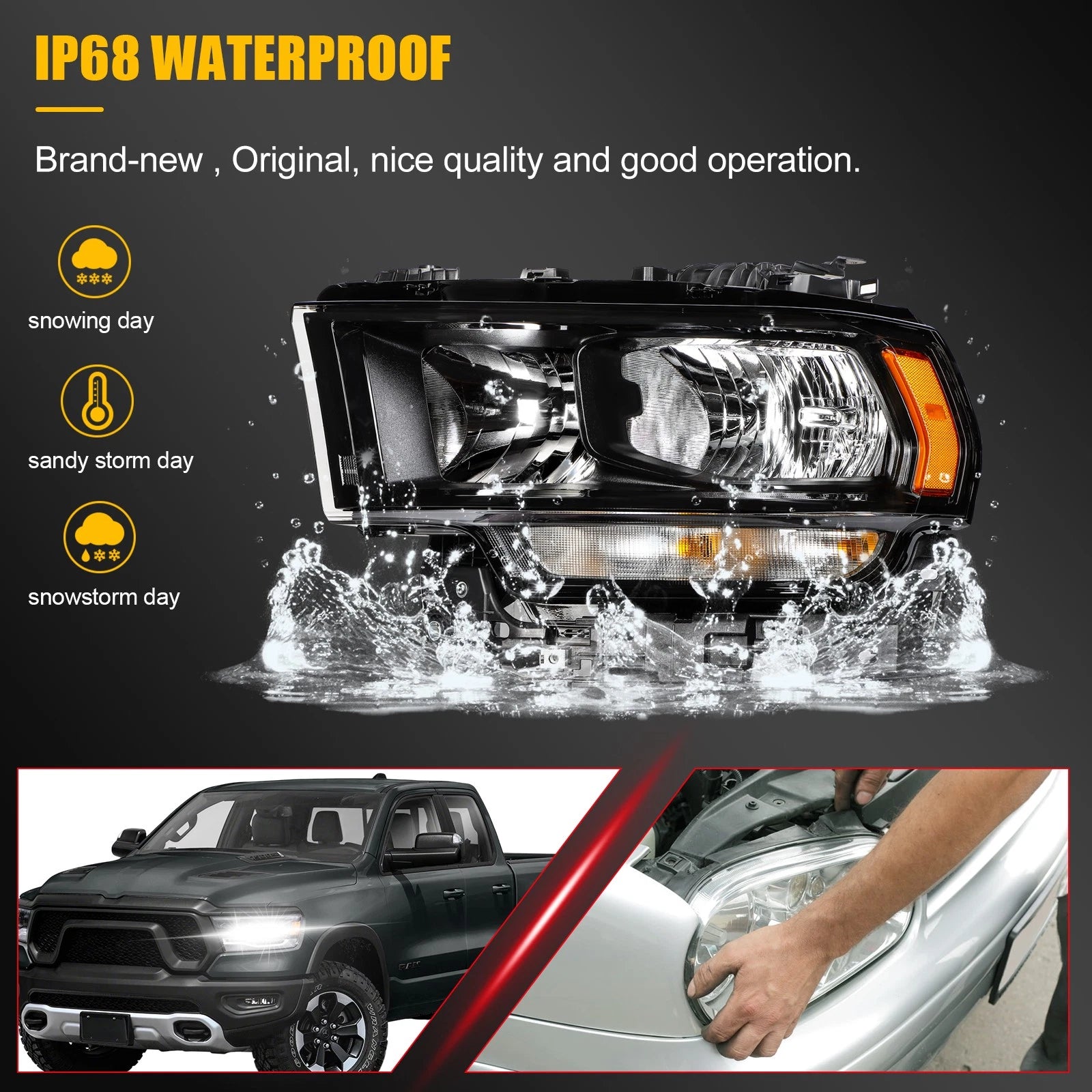 Pair Headlights with Bulbs for Ram 2500 3500 (2019–2024) Black Housing