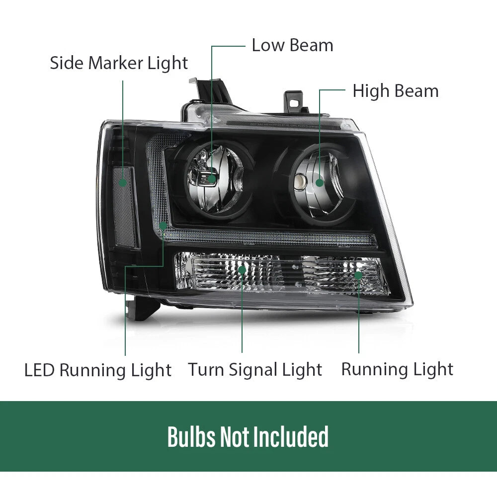 Clear Black LED DRL Headlights for Chevy Avalanche Tahoe Suburban (2007–2014)