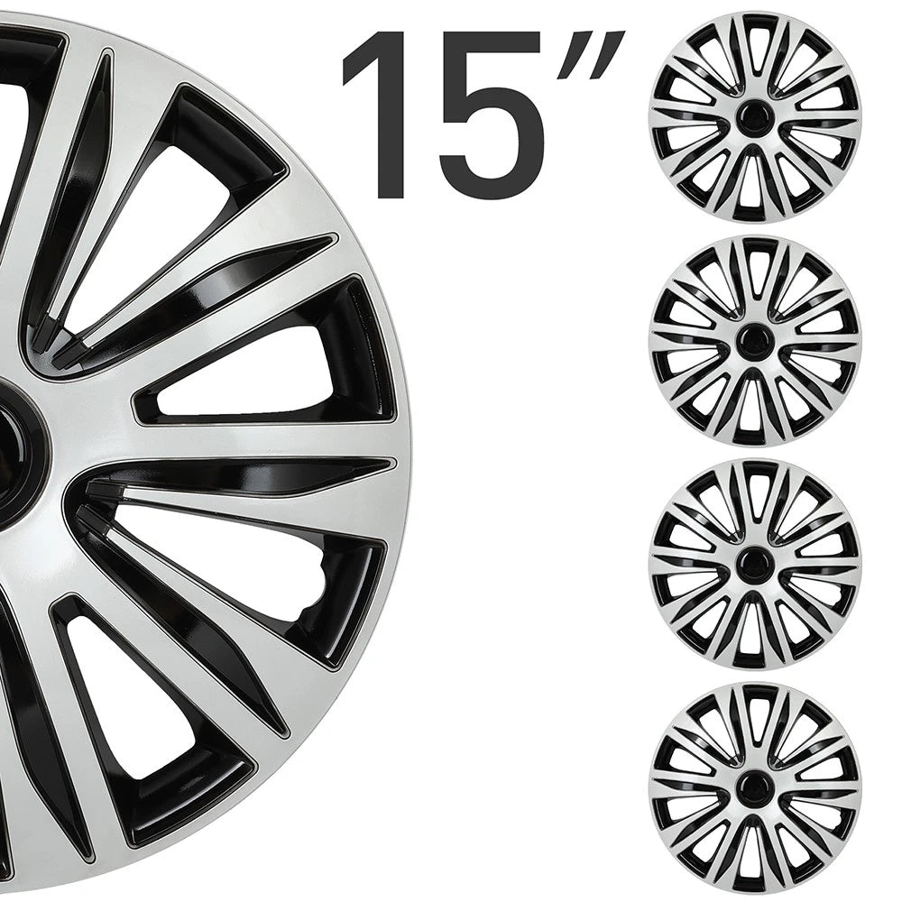 Set of 4 Wheel Hub Caps for All Models 15" Black & Silver Trim