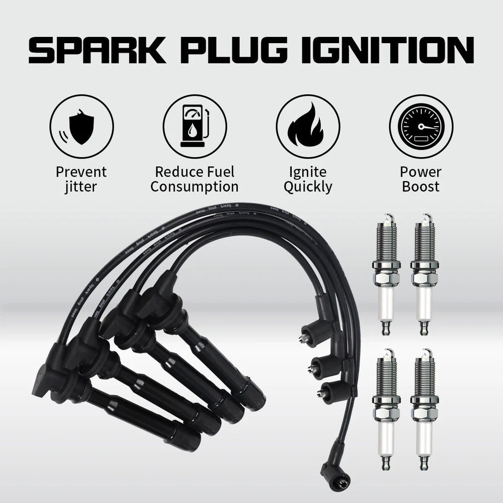 Set of 4 Spark Plugs +4 Ignition Wires for Hyundai Elantra Tiburon Kia Spectra Soul (L4 2L)