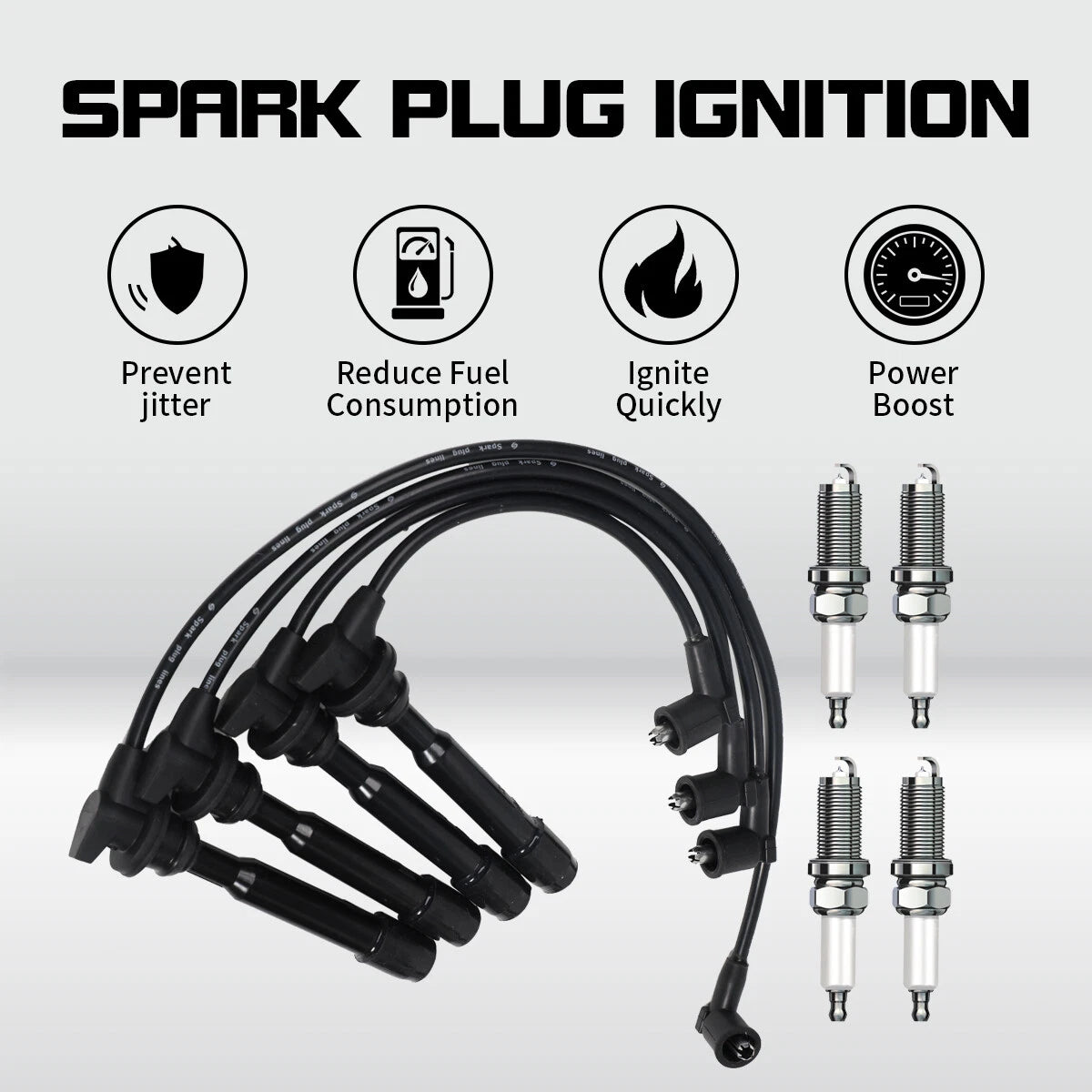 Set of 4 Spark Plugs +4 Ignition Wires for Hyundai Elantra Tiburon Kia Spectra Soul (L4 2L)
