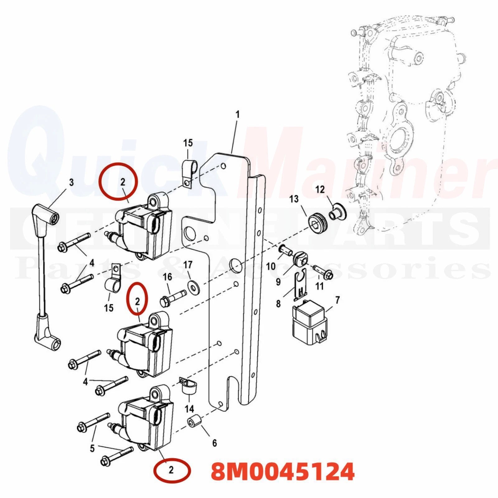 Ignition Coil for Mercury Marine 30 40 HP EFI 3 Cyl (8M0034012, 8M0045124)