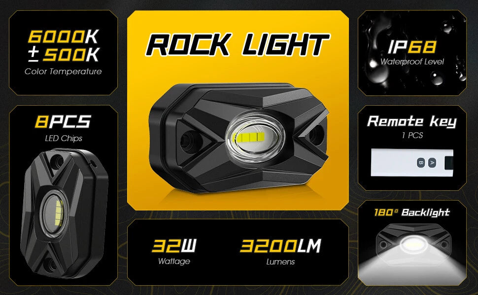 8 Pods LED Rock Lights w/ Remote for Trucks SUV ATV UTV Golf