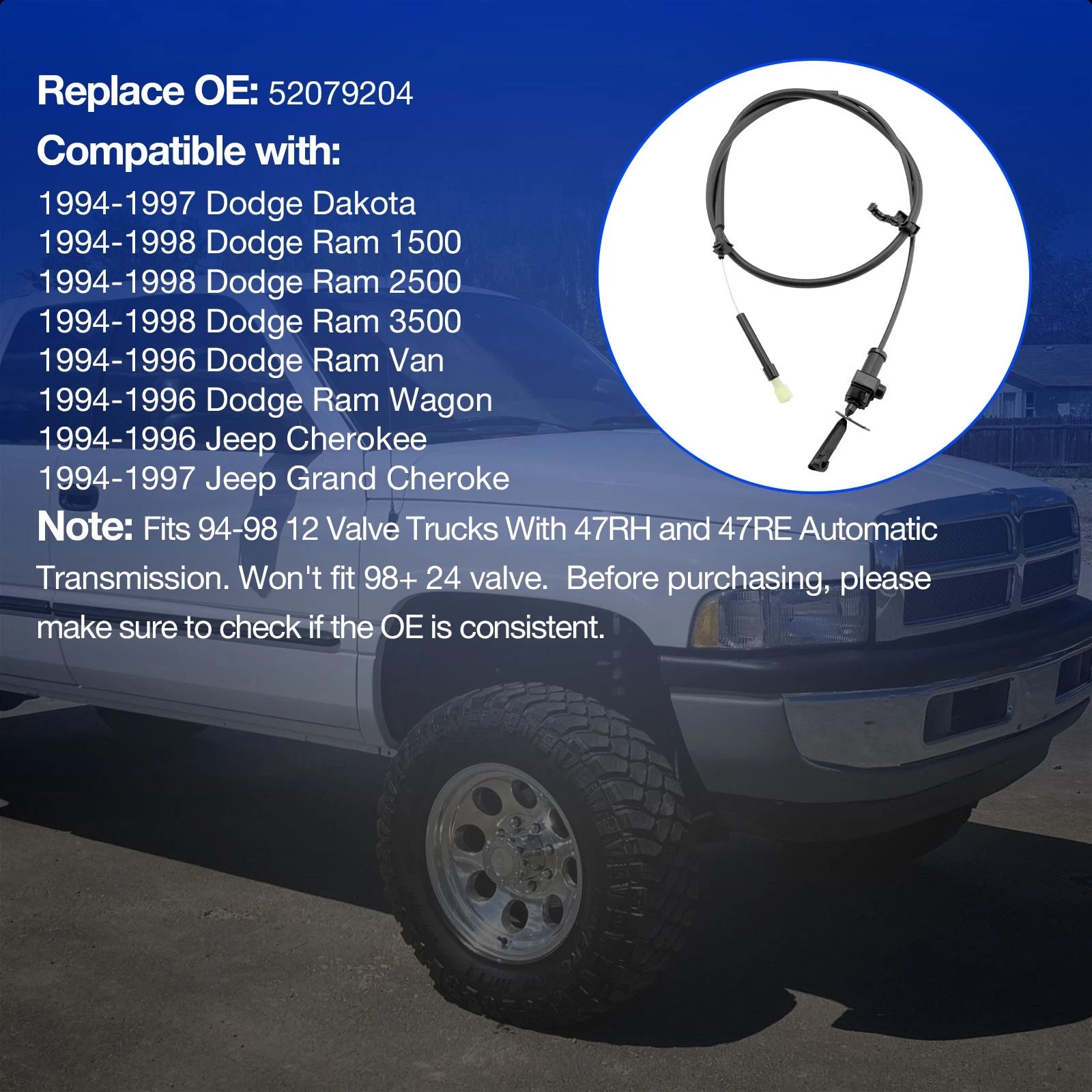 Transmission Kickdown Cable for Dodge Diesel Pickup (1994-1998)