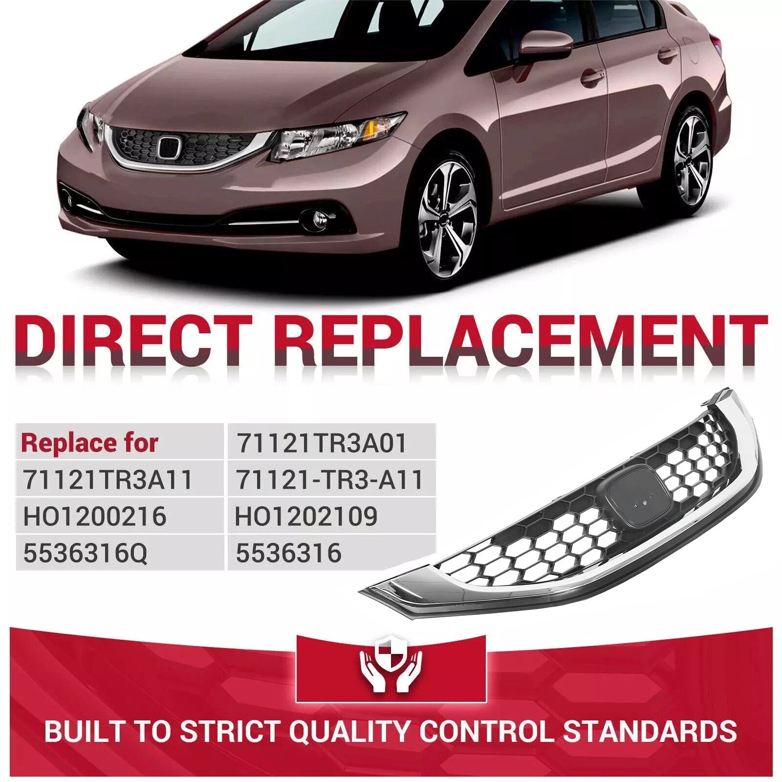 Front Bumper Upper Grille for Honda Civic Sedan (2013-2015) with Chrome Trim