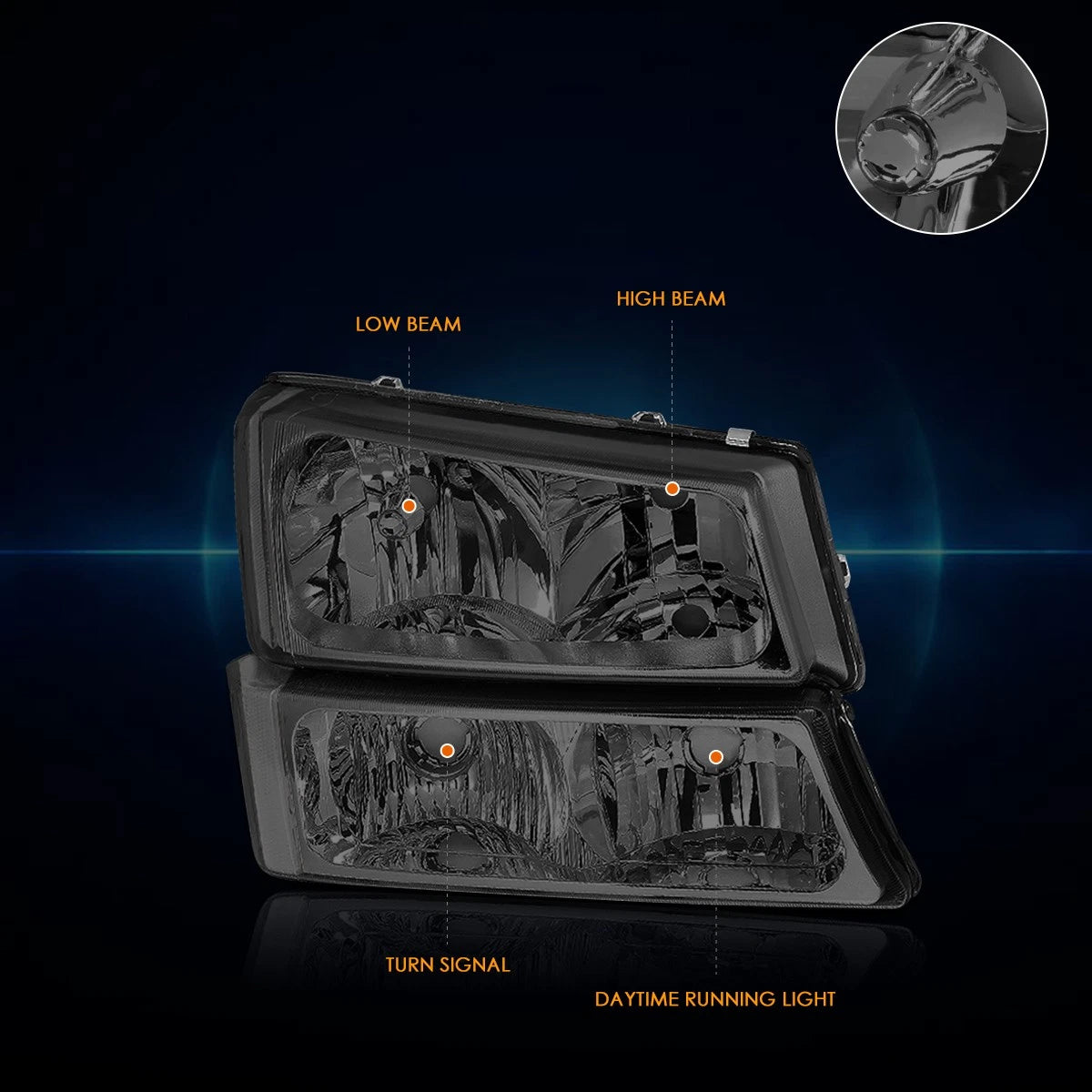 Set of 2 Headlight Lamps for Chevy Silverado/Avalanche (2003–2006) Clear Corner Smoked