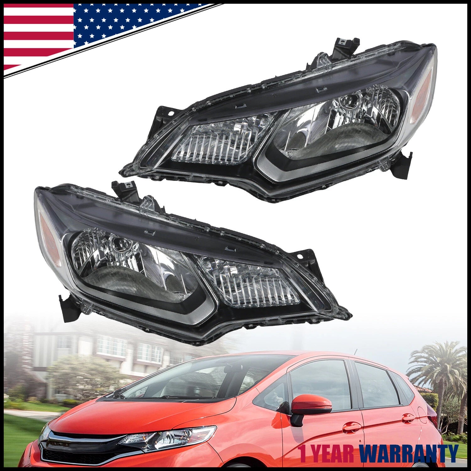 Set of 2 Front Headlights for Honda Fit (2015–2017) Left + Right Clear Lens