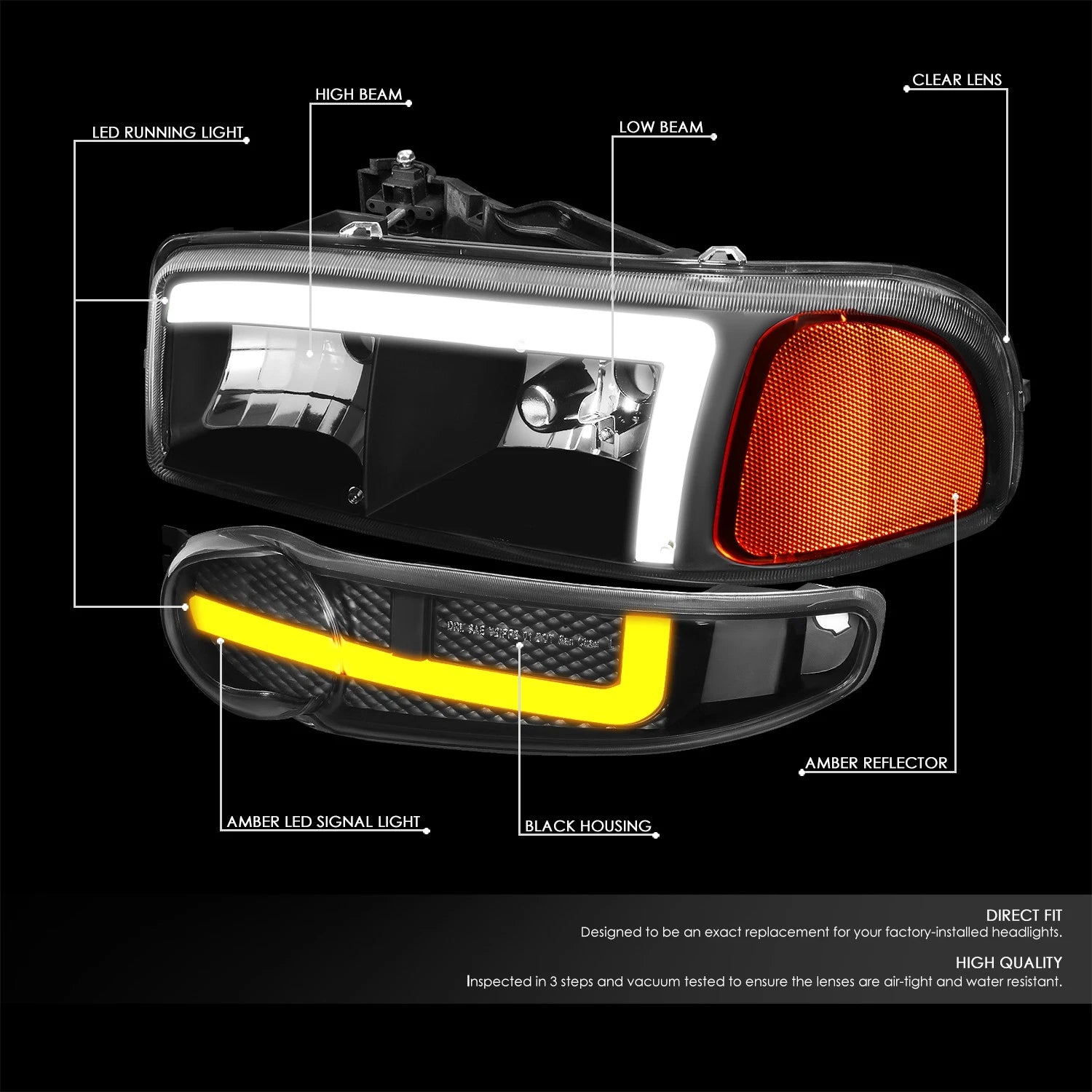 Switchback LED DRL Bumper Headlights for Sierra Yukon Denali (2001–2007)
