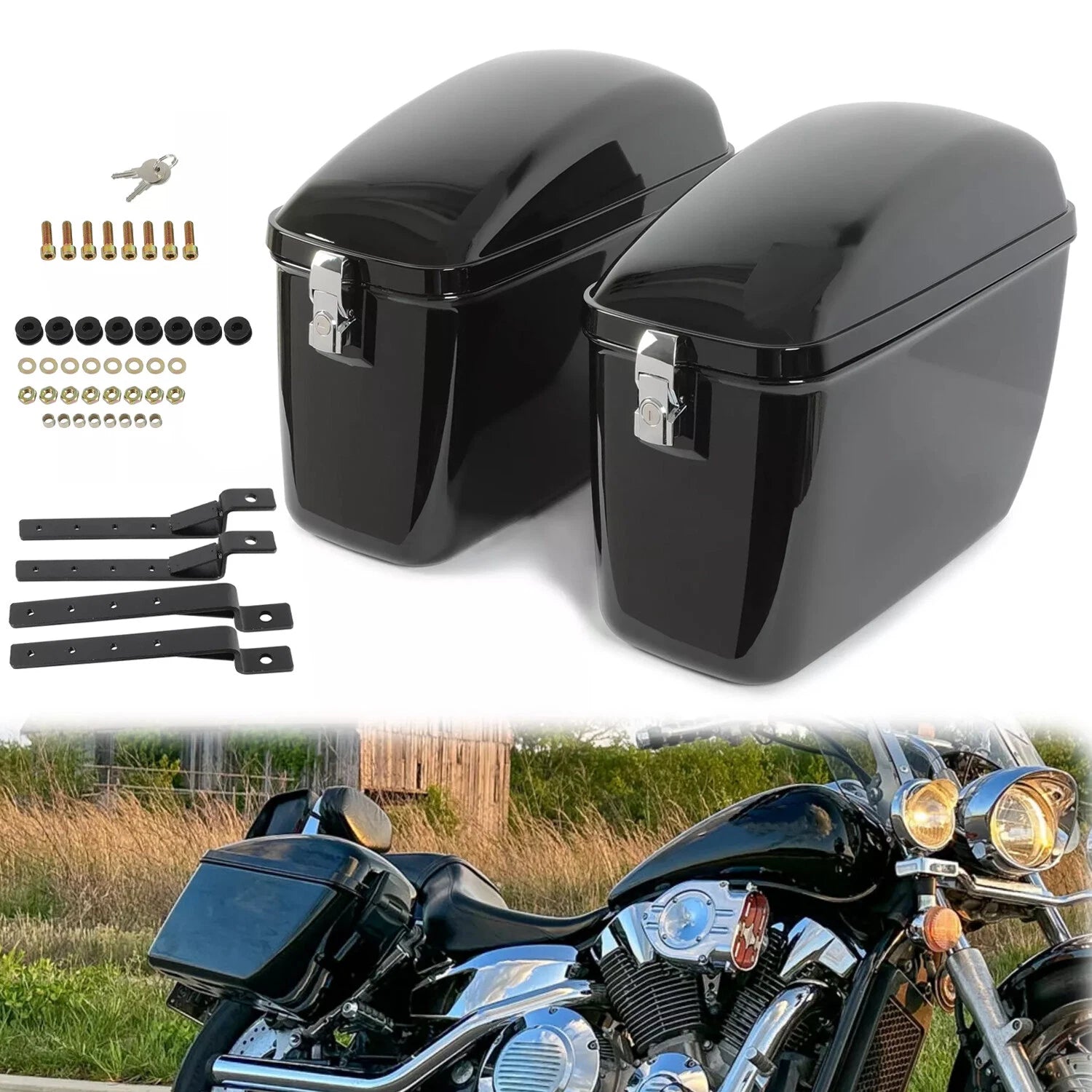 60L Black Hard Saddle Bags for Harley Dyna, Road Glide, Honda