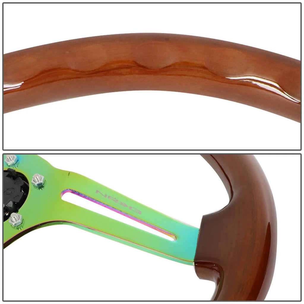 NRG 35cm 3" Deep Dish Neo Chrome Brown Wood Steering Wheel for Universal
