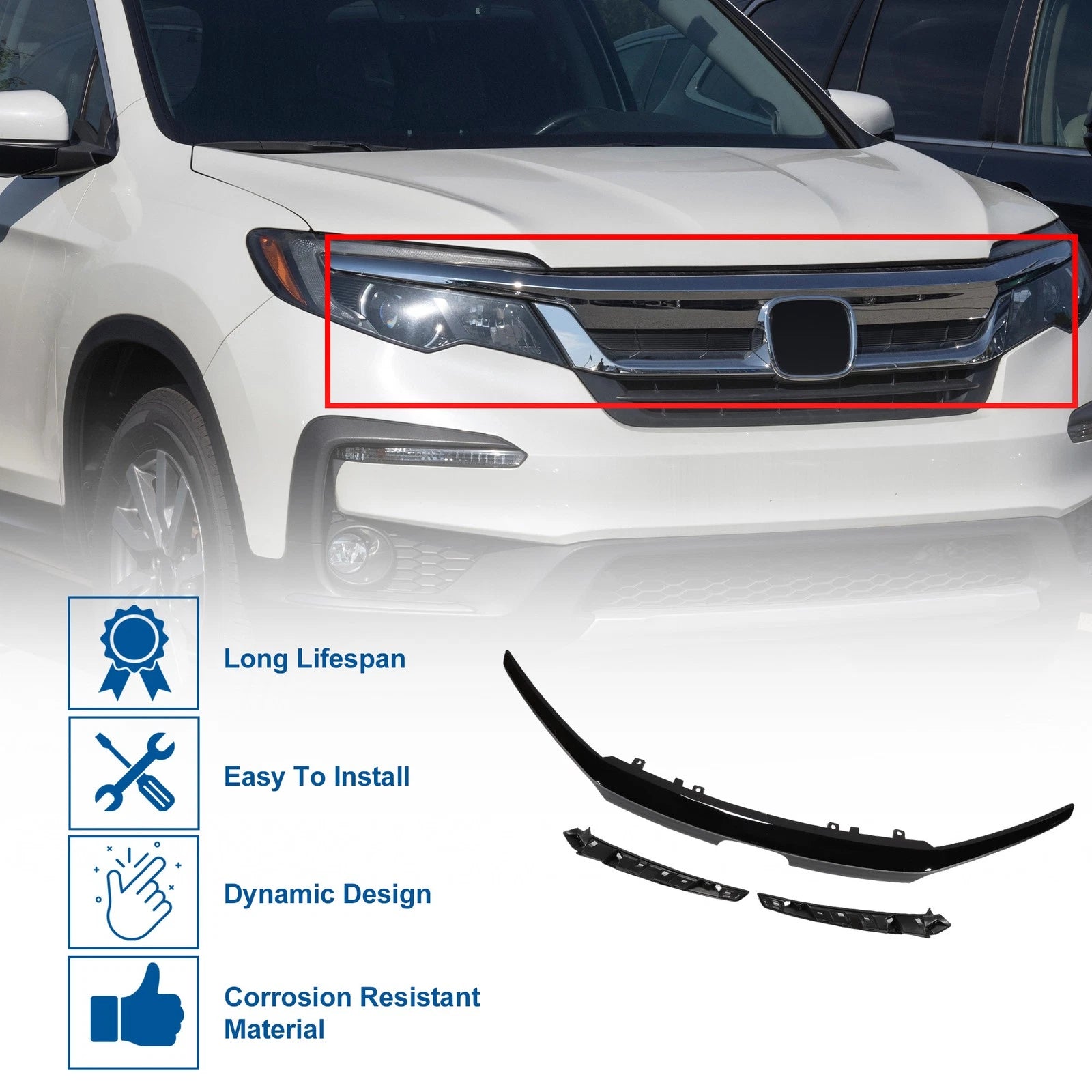 Front Upper Hood Bumper Grille for Honda Pilot (2019–2021) Black