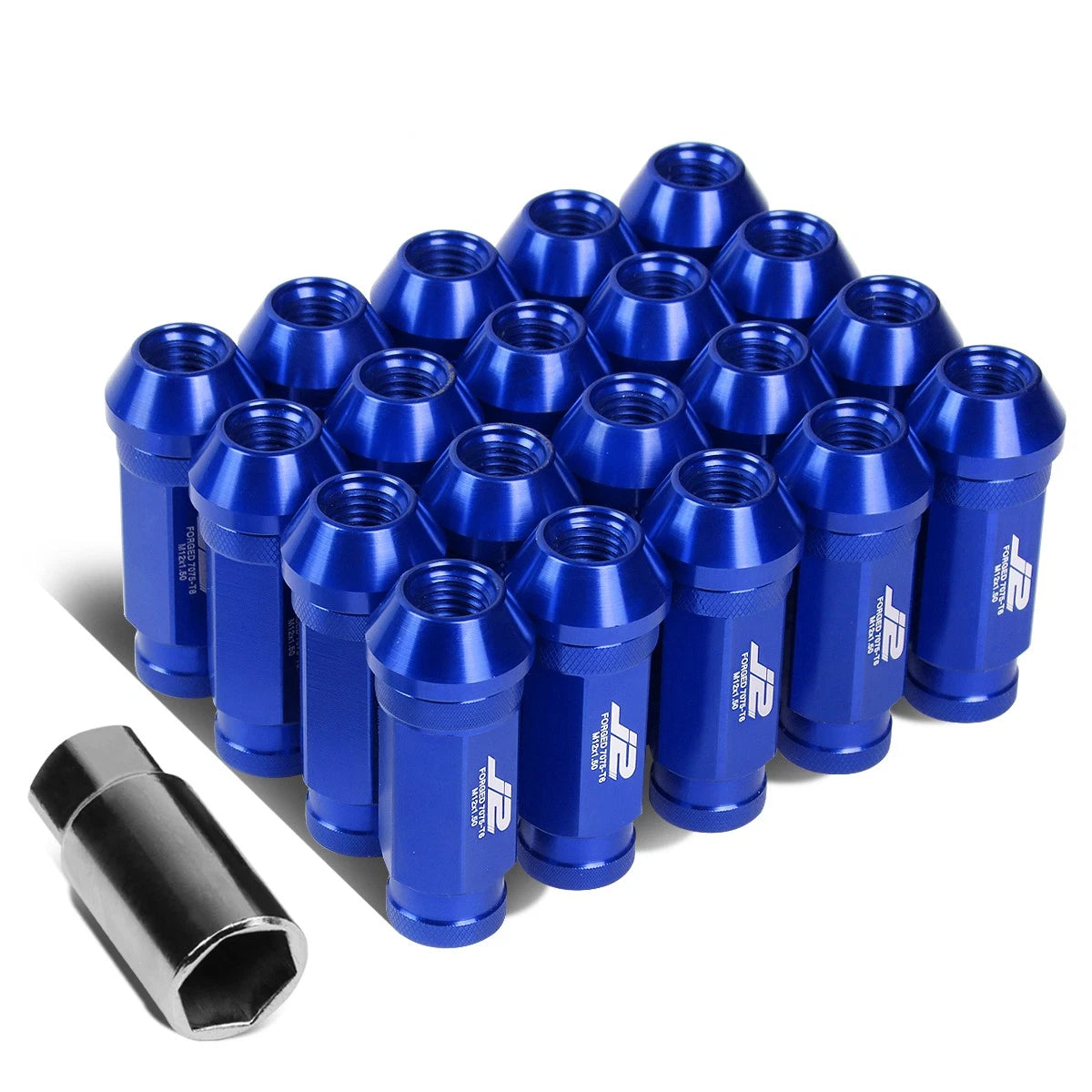 Set of 20 J2 7075 Forged Aluminum M12X1.5 Open-End Lug Nuts w/Adapter Blue