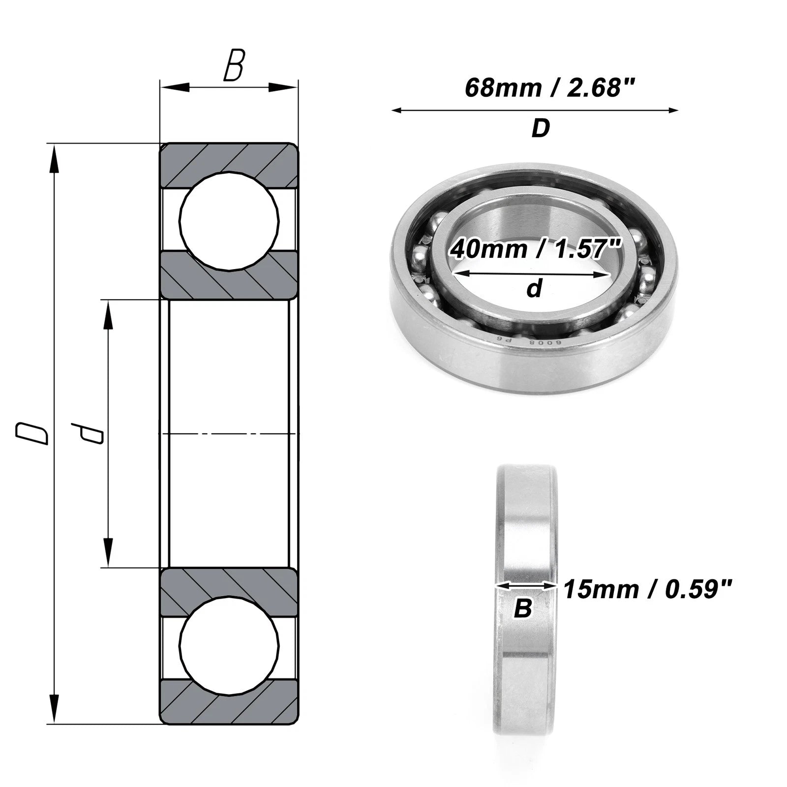 6008 Deep Groove Ball Bearing for Scooter Skateboard Wheel (40x68x15mm)