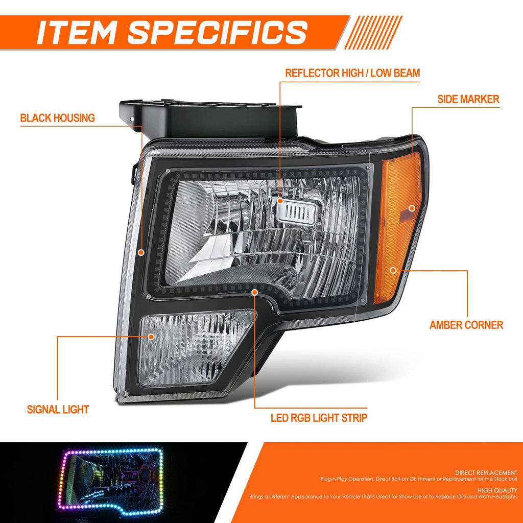 RGB LED Halo DRL Black Housing Amber Corner Headlights for Ford F-150 (2009–2014)
