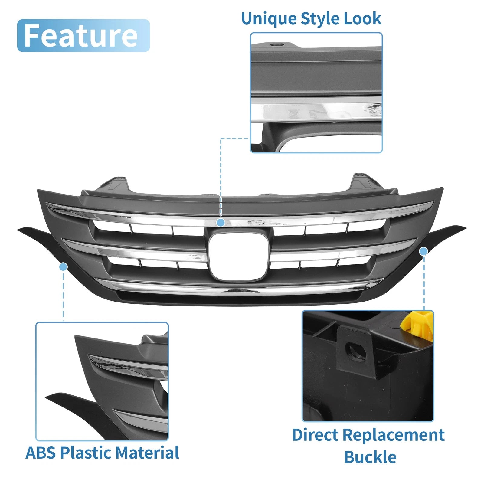 Front Upper Bumper Grille for Honda CR-V (2012–2014) Chrome Silver Tone