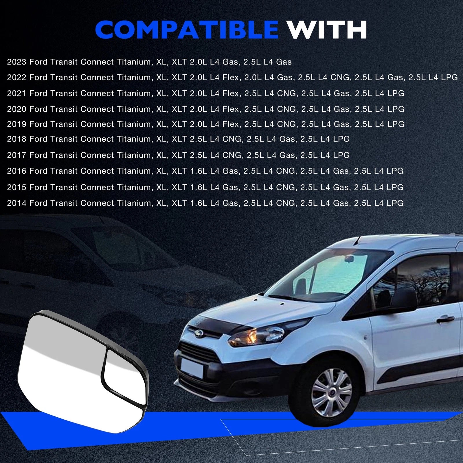 Passenger Right Side Mirror Glass for Ford Transit Connect (2014-2022)