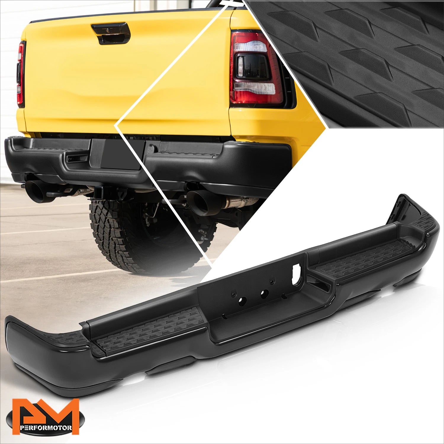 Rear Step Bumper for Ram 1500 (2019–2024) w/ Dual Exhaust Cutout, License Lamps, Black