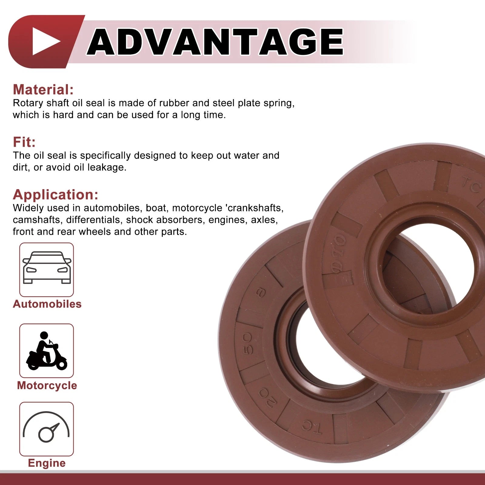 Set of 2 Oil Seal Rotary Shaft Seal FKM Rubber 20x50x8mm