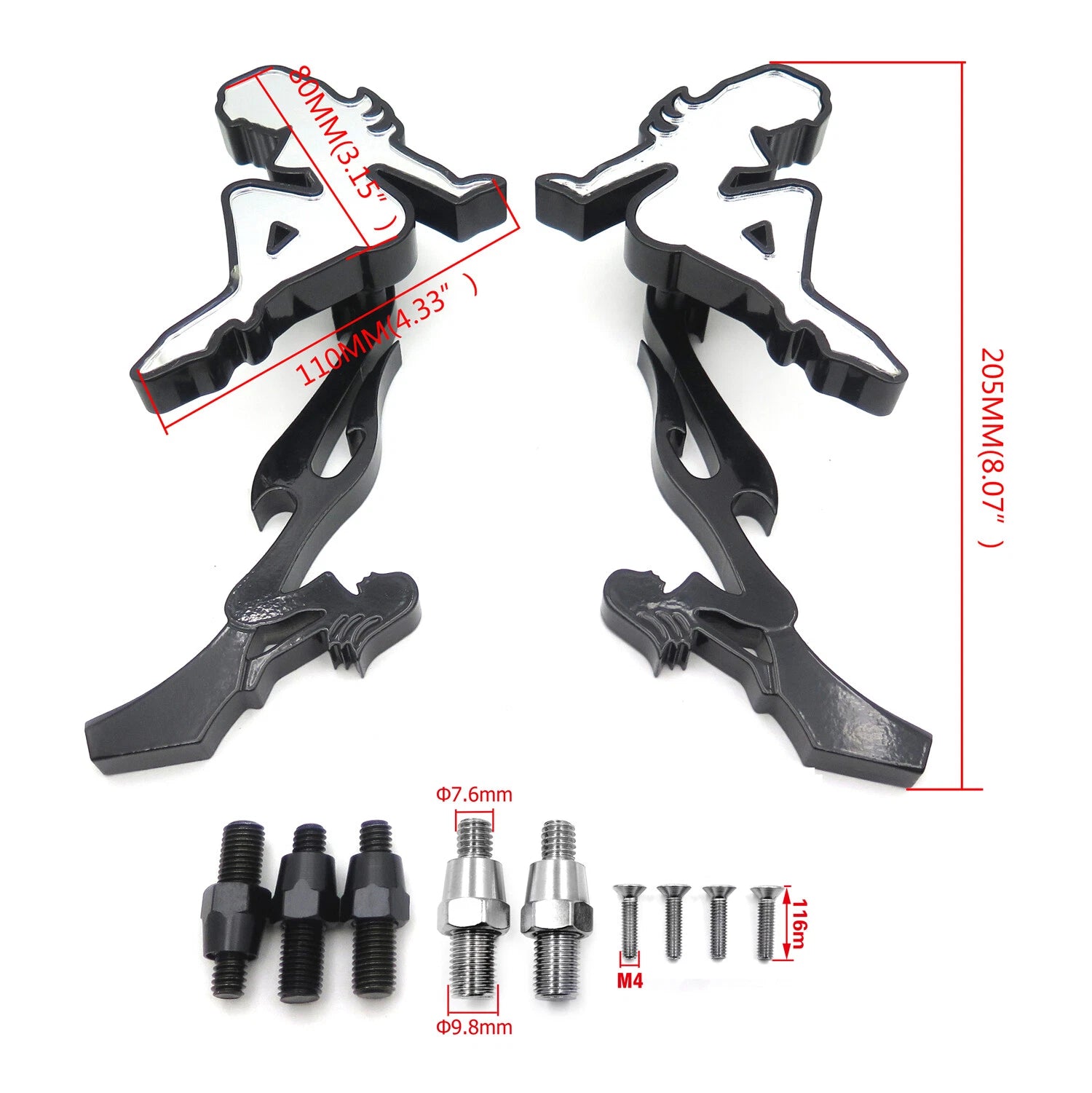 Black Beach Lady Mirrors for Honda/Kawasaki/Suzuki Cruiser (All Years)