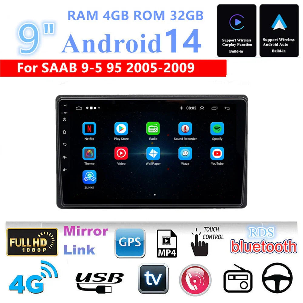 9'' Android Car Head Unit RAM 4GB ROM 32GB WIFI 4G RDS for SAAB 9-5 (2005-2009)