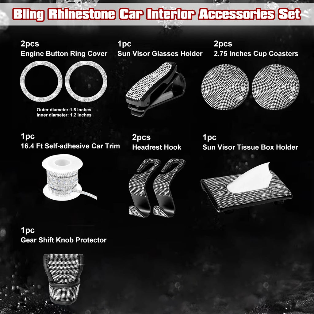 Diamond Engine Start Button Ring Gear Shift Cover Kit for Car (White)