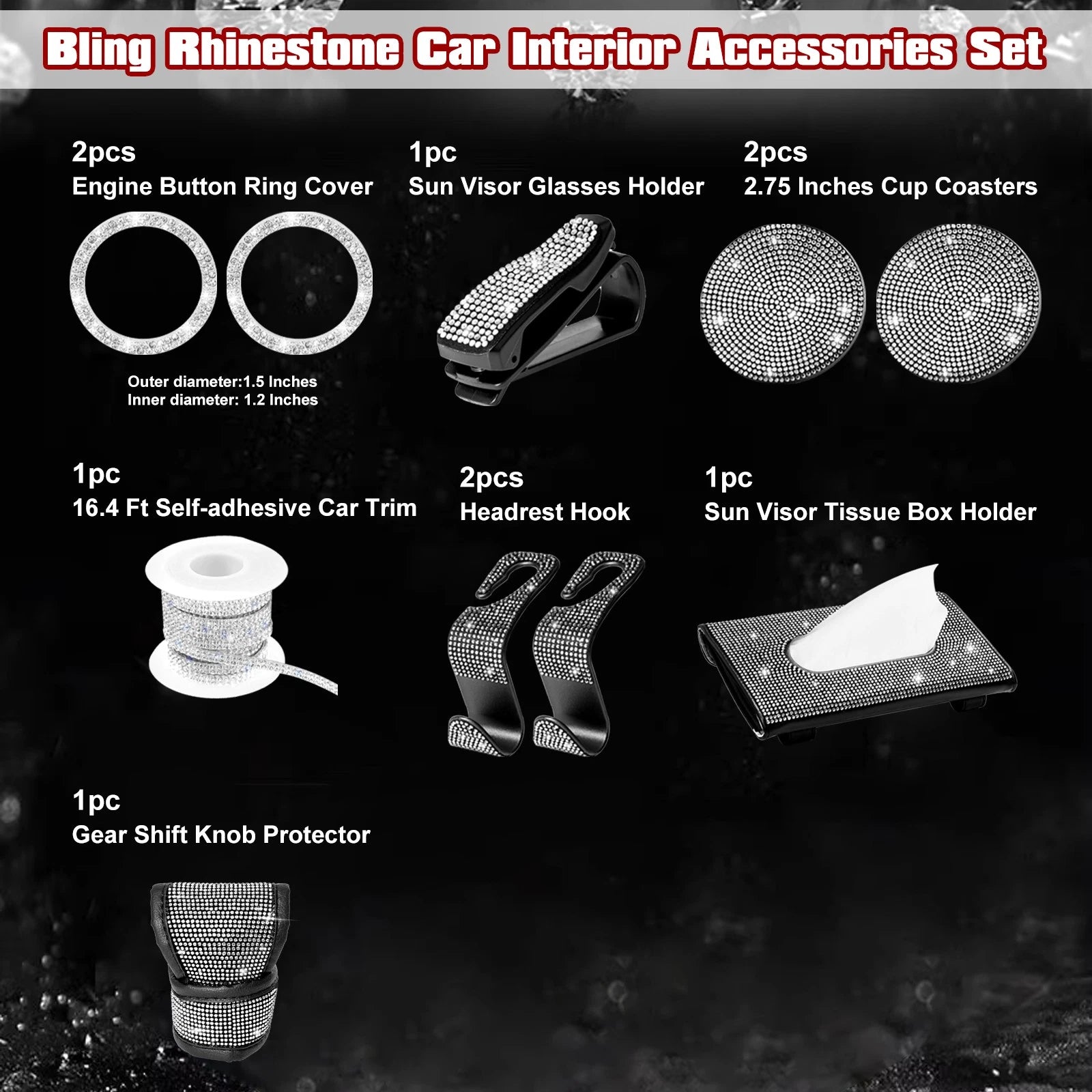 Diamond Engine Start Button Ring Gear Shift Cover Kit for Car (White)