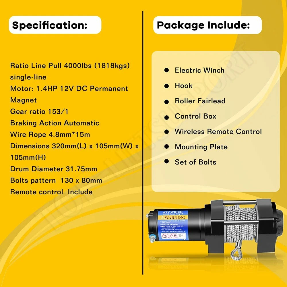 4000lbs Electric Winch for Truck Trailer Off-Road 4WD