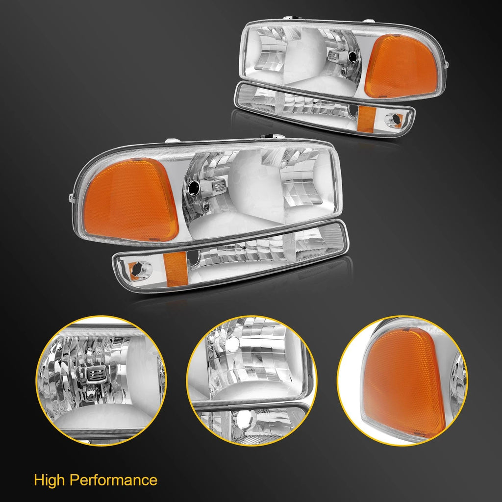 2X Headlight Assembly for GMC Sierra 1500 (1999–2007) Chrome Amber