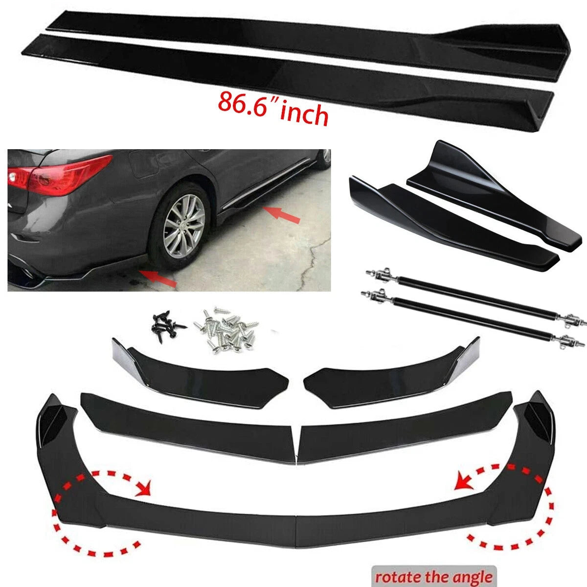 Gloss Black Body Kit: Front Bumper Spoiler + Side Skirt + Rear Lip for Infiniti Q50 (2014–2020)