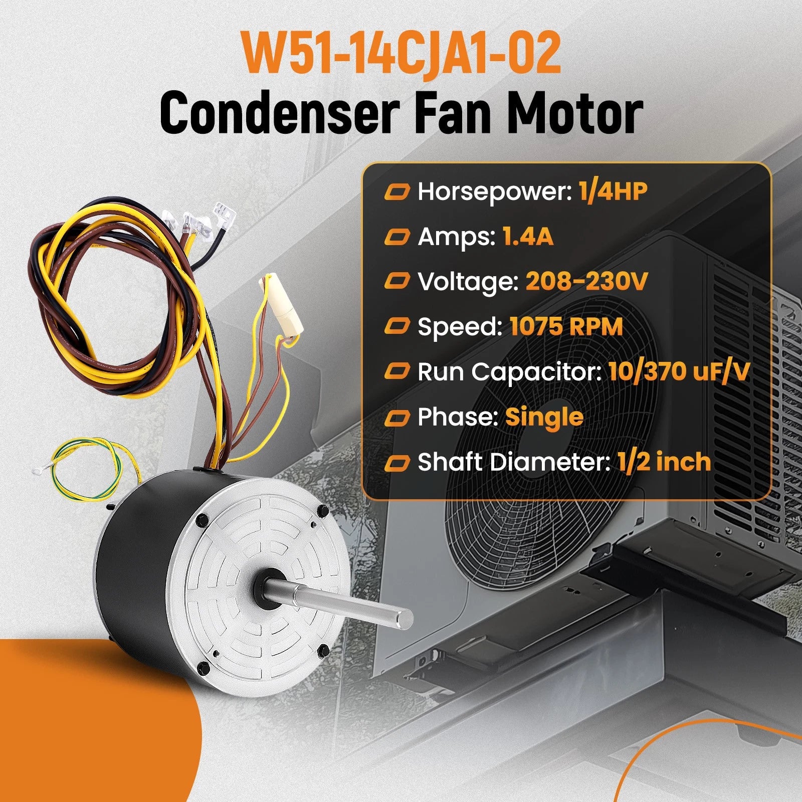 1/4HP Reversible Condenser Fan Motor for (208/230V, 1075RPM)